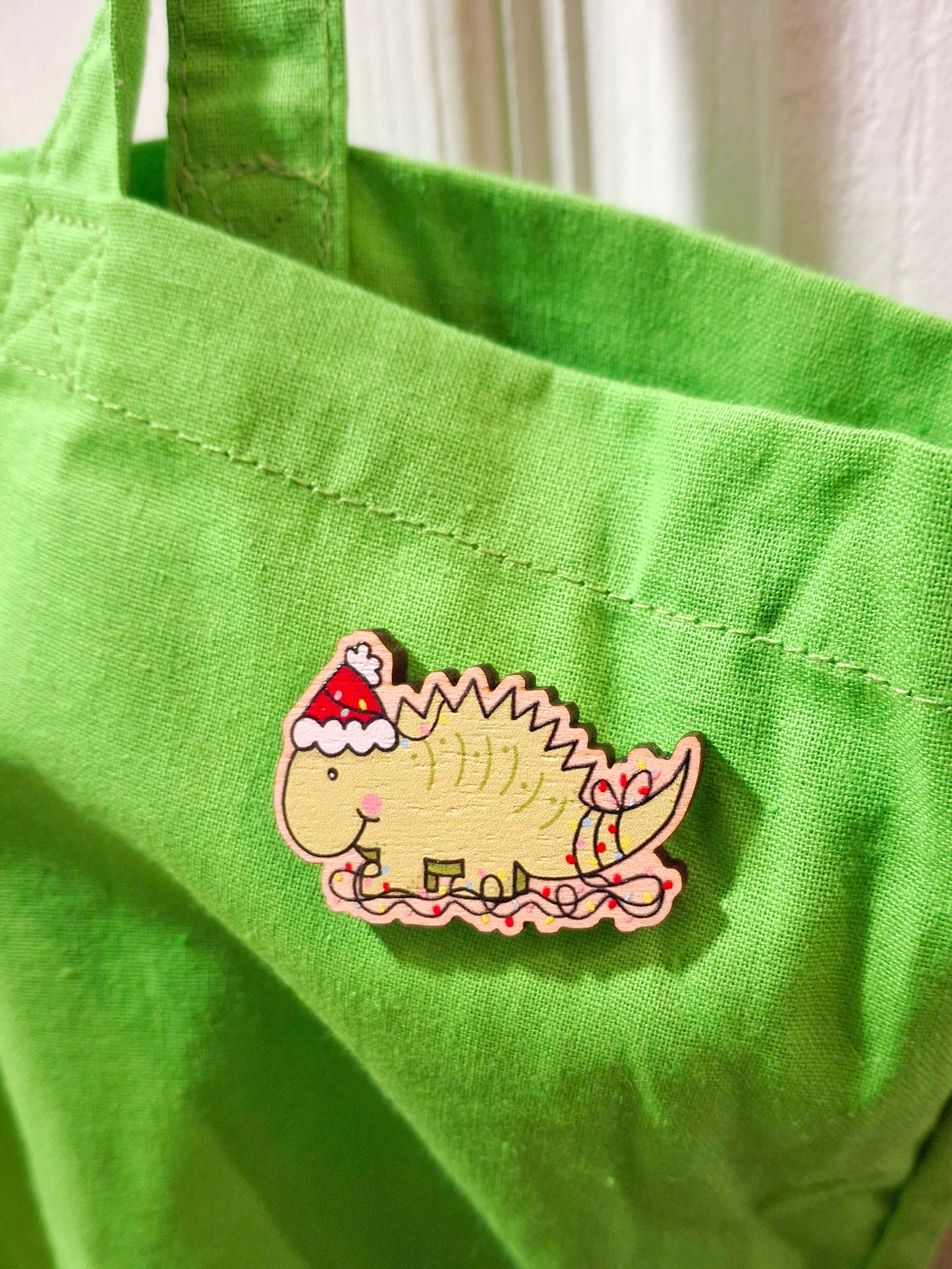 Christmas Dinosaur Cute Kawaii Wooden Pin Badge