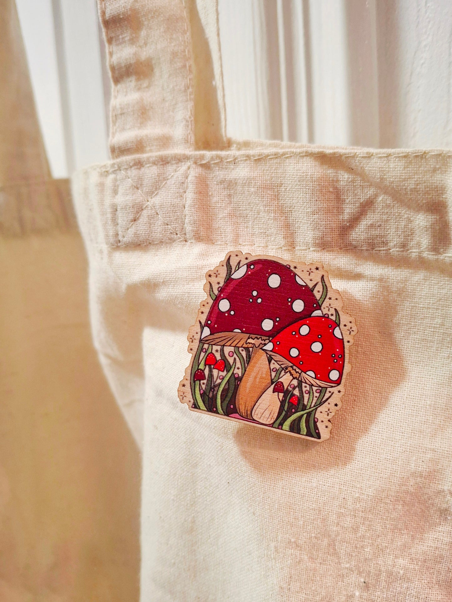 Fairytale Magical Mushroom Wooden Pin Badge