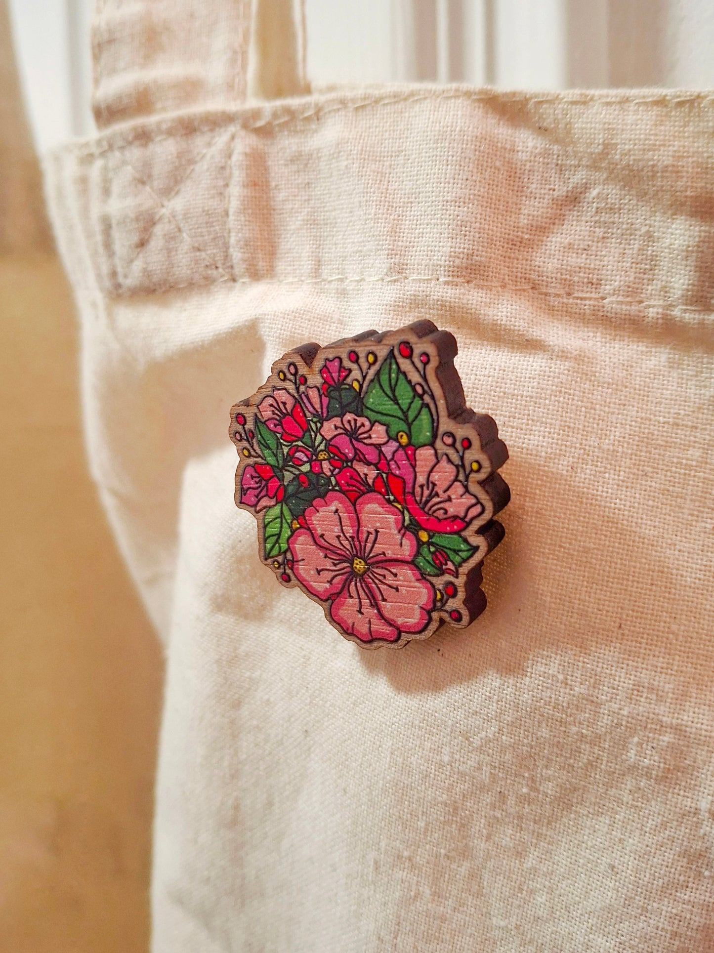 Pink Floral Bouquet Wooden Pin Badge