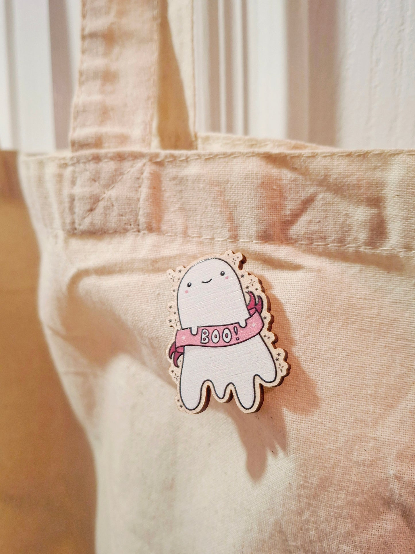 Cute Spooky Ghost Wooden Pin Badge - Boo!