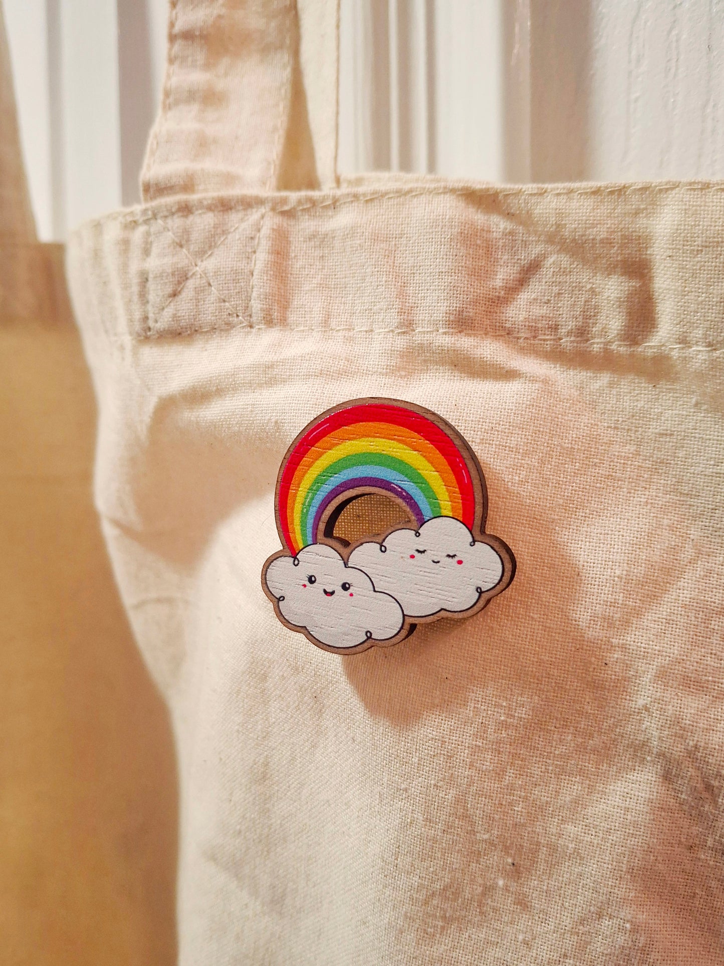 Rainbow Wooden Pin Badge with Cute Kawaii Clouds