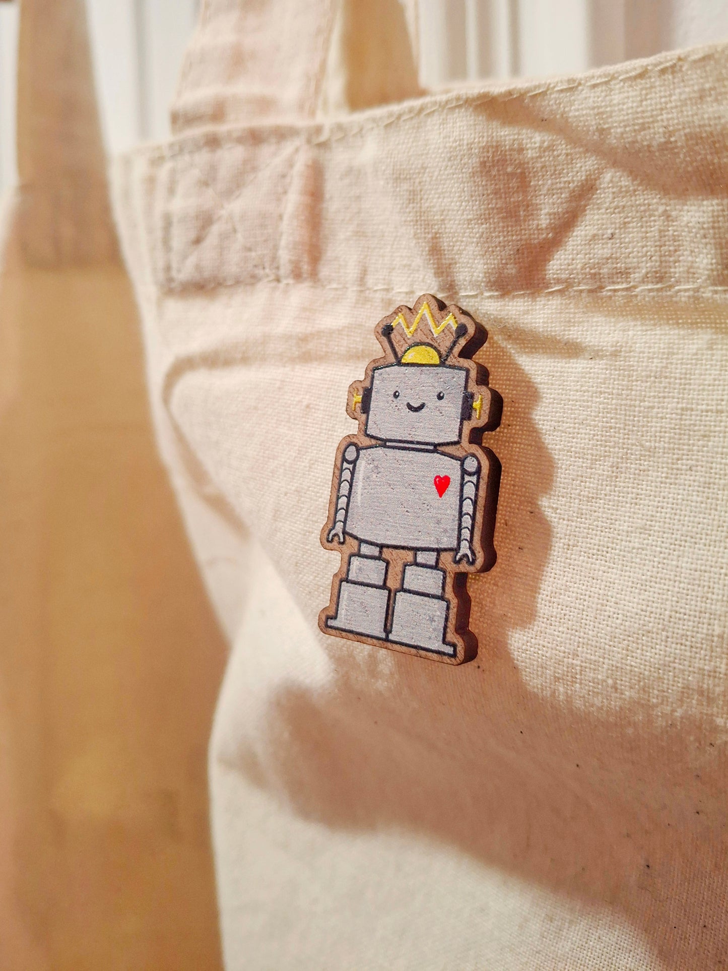 Cute Robot Wooden Pin Badge