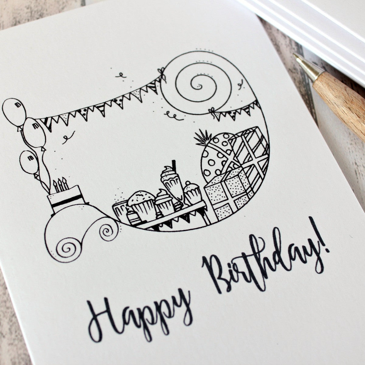 Birthday Card. Happy Birthday Card. Birthday Cards. Happy Birthday Card. Birthday Party Card. Hand Drawn Illustration. Black and White. B&W.