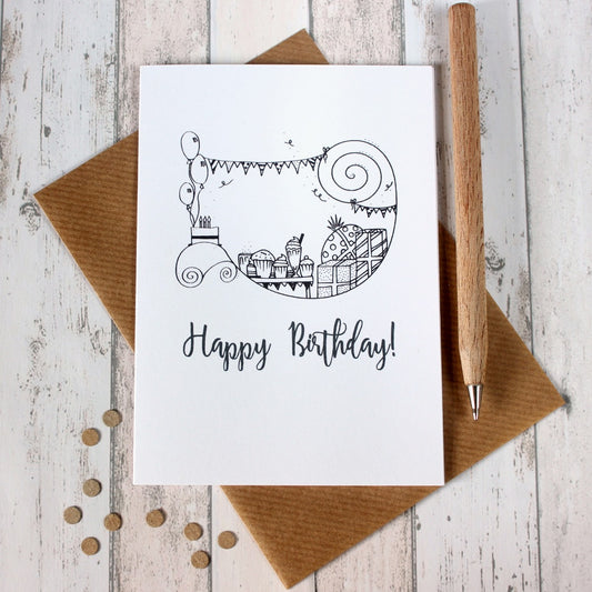 Birthday Card. Happy Birthday Card. Birthday Cards. Happy Birthday Card. Birthday Party Card. Hand Drawn Illustration. Black and White. B&W.