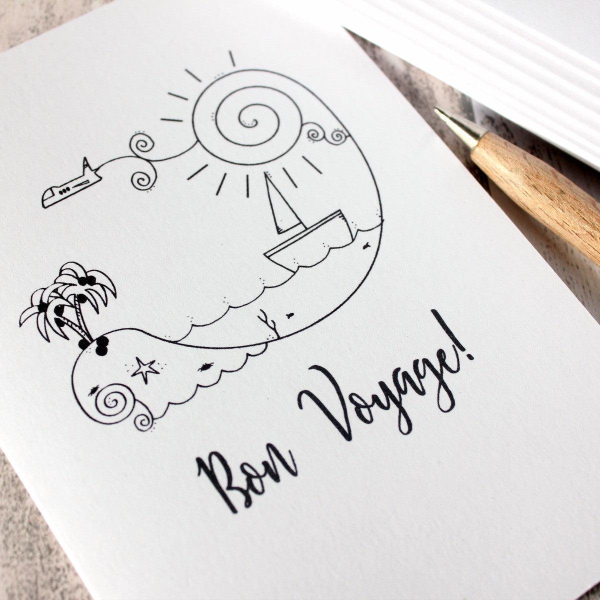 Bon Voyage Card. Goodbye Card. Bon Voyage Cards. Goodbye Cards. Leaving Card. Leaving Cards. Hand Drawn Illustration. Black and White. B&W.