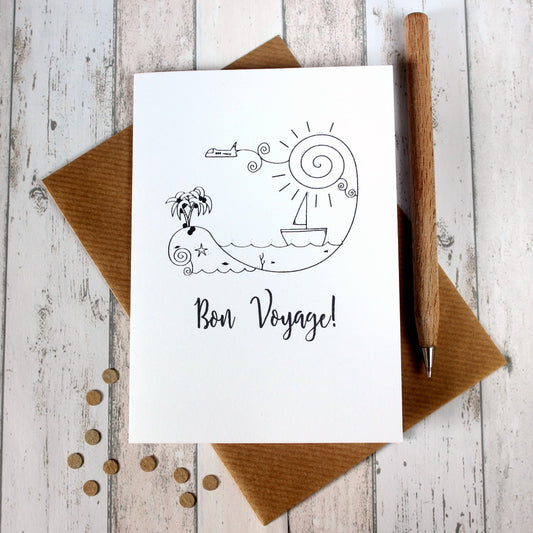 Bon Voyage Card. Goodbye Card. Bon Voyage Cards. Goodbye Cards. Leaving Card. Leaving Cards. Hand Drawn Illustration. Black and White. B&W.