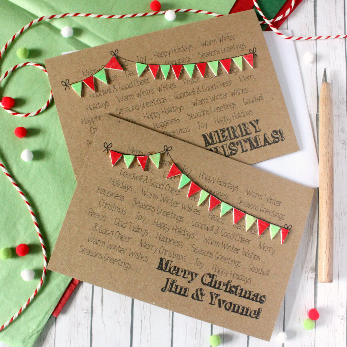 Personalised Christmas Card. Holiday Card. Xmas Card. Christmas Card. Christmas Cards. Christmas Bunting. Red Christmas. Green. Christmas.