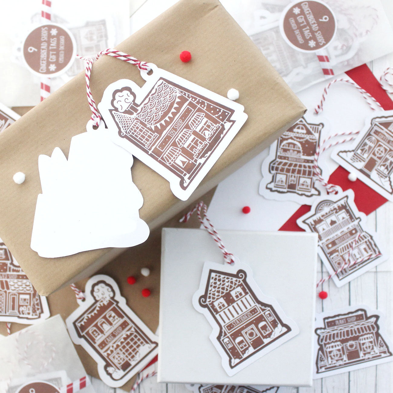 Gingerbread Shops Illustrated Christmas Gift Tags - Pack of 9