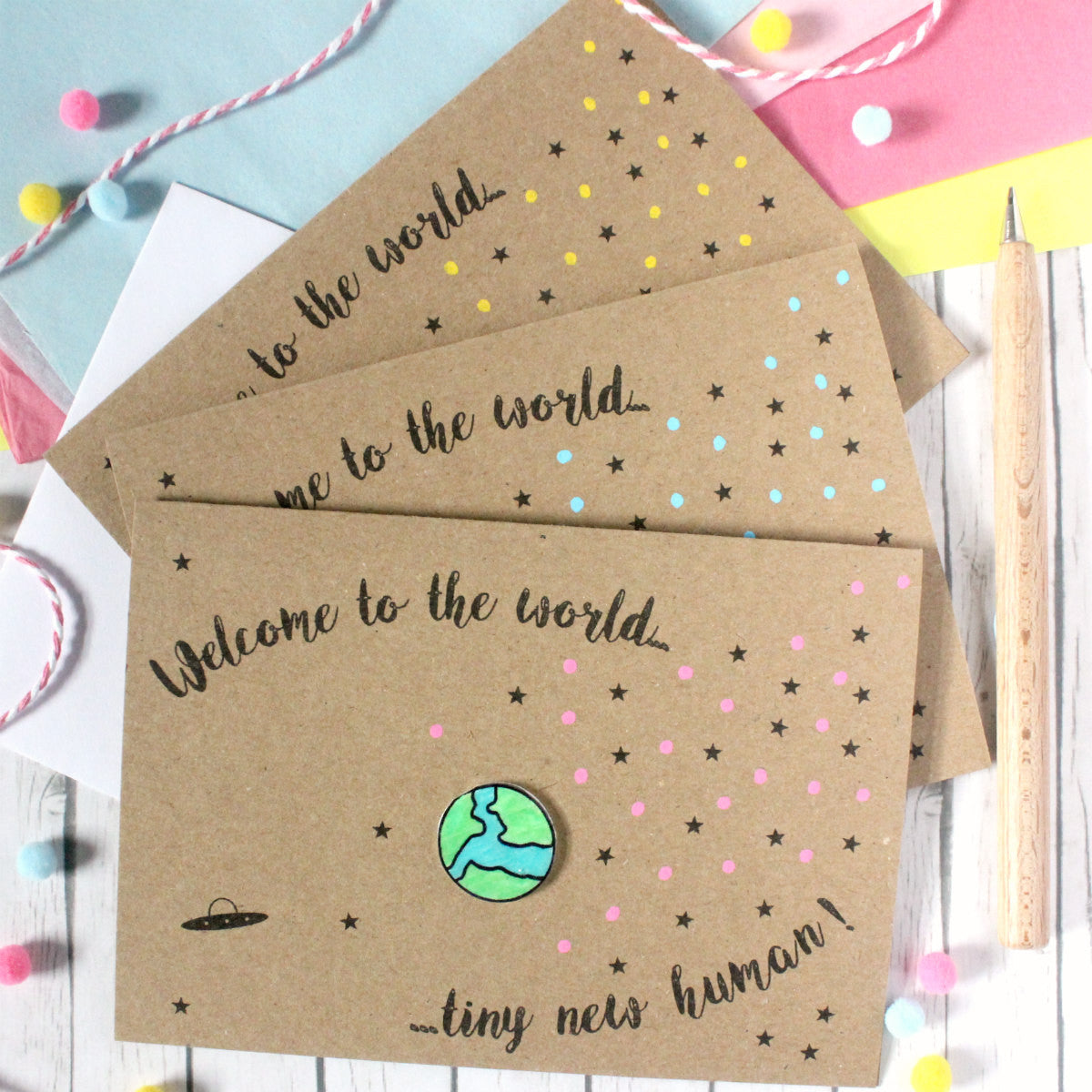 Welcome to the World. Tiny New Human. Personalised New Baby Card. Handmade New Baby Card. New Baby Card. Pink. Blue. Green. Yellow.