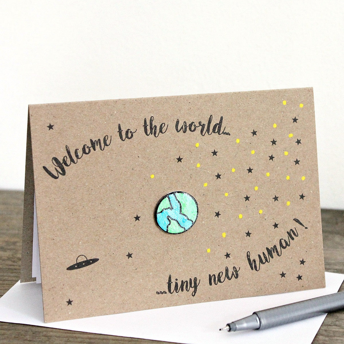 Welcome to the World. Tiny New Human. Personalised New Baby Card. Handmade New Baby Card. New Baby Card. Pink. Blue. Green. Yellow.