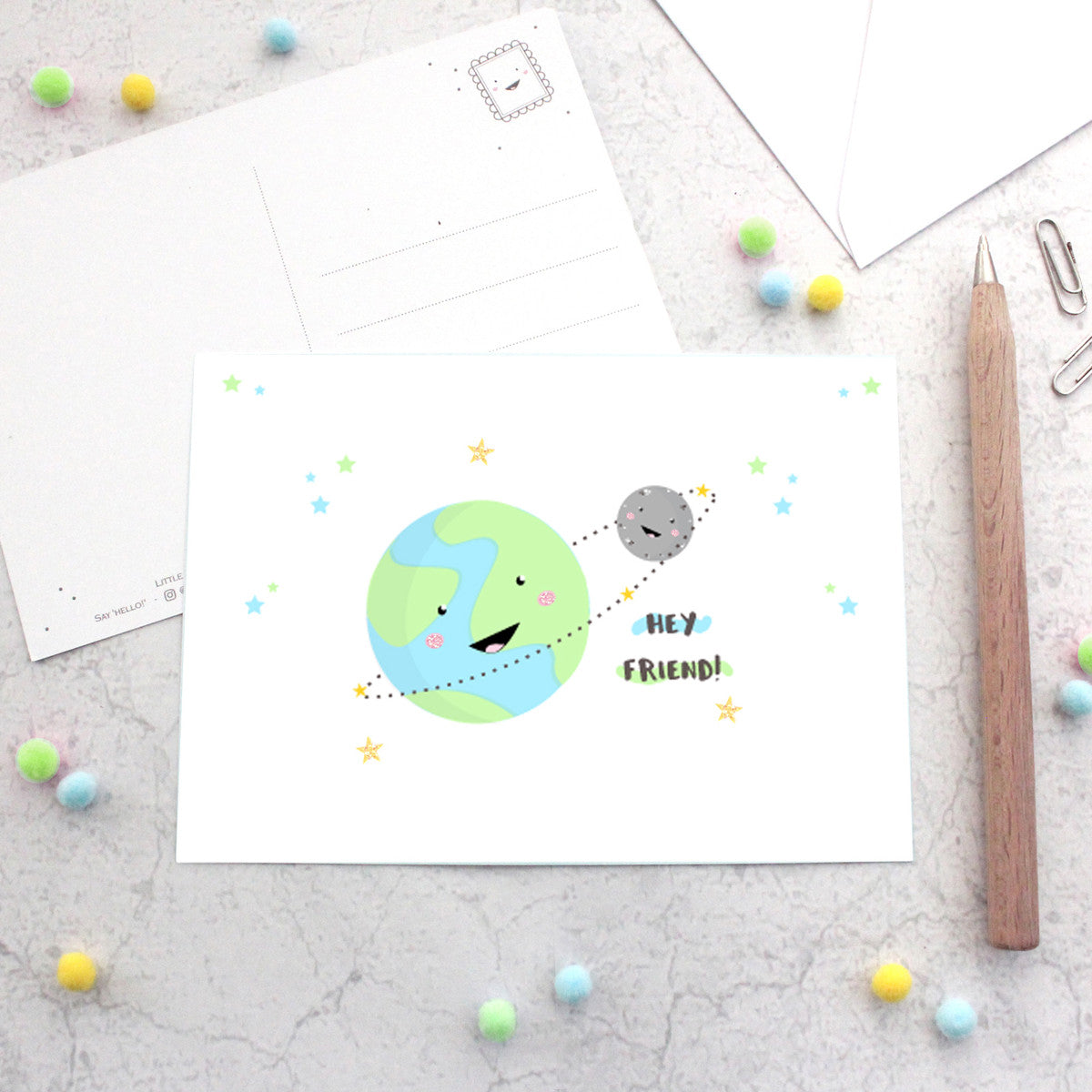 Hey Friend! Kawaii Planet Earth and Moon Glitter Postcard