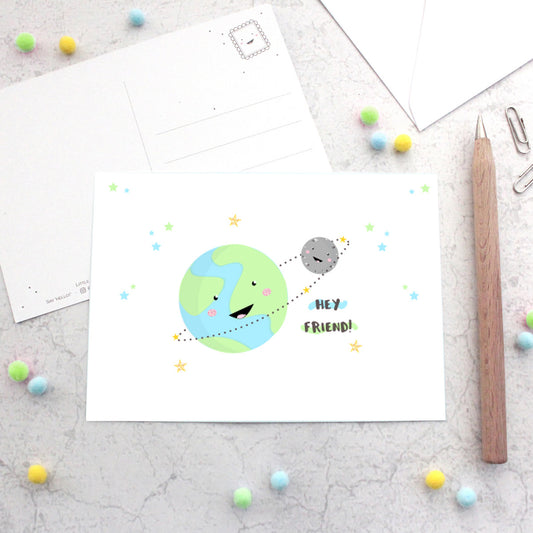 Hey Friend! Kawaii Planet Earth and Moon Glitter Postcard