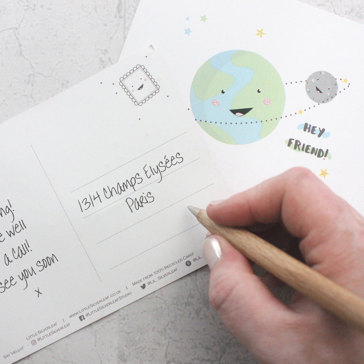 Happy Mail Positive Postcards - Hey Friend! Planet Earth and Moon Glitter Accented Postcards