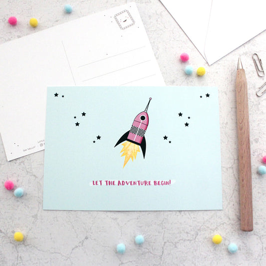 Happy Mail Positive Postcards - Let the Adventure Begin! Spaceship Glitter Accented Postcards