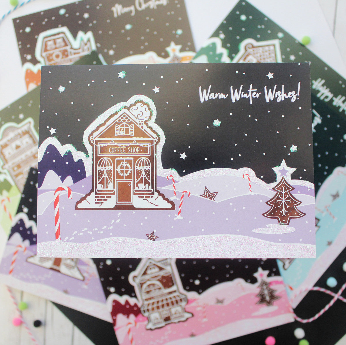 Gingerbread Shops Glitter Postcards