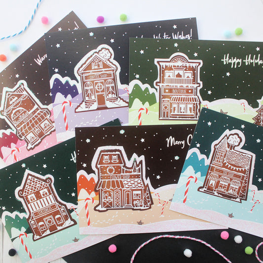 Gingerbread Shops Cute Christmas Postcards, Packs of 6 or 12 Christmas Glitter Postcards