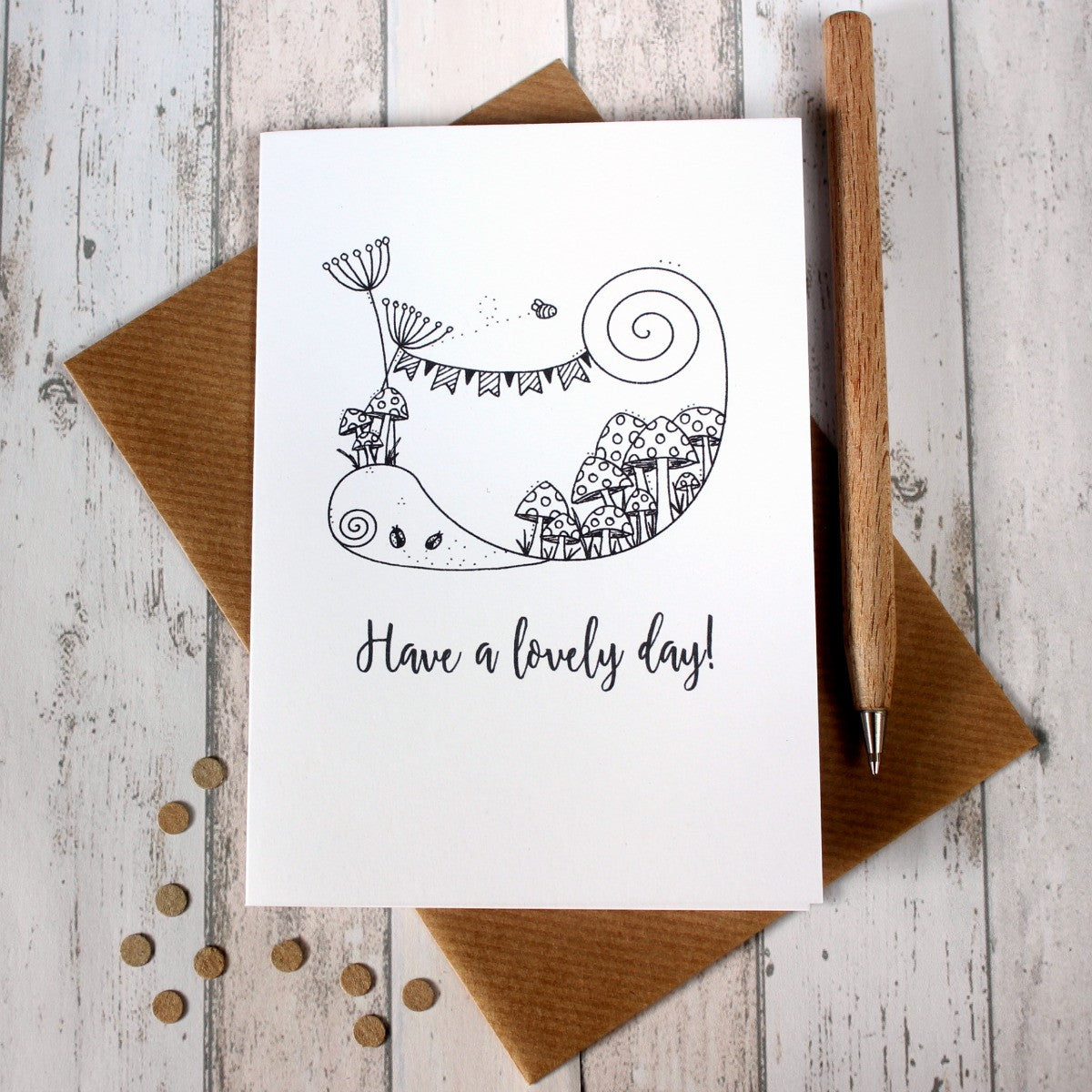 Hello Card. Friend Card. Hello Cards. Friend Cards. Have a Lovely Day. Lovely Day Card. Hand Drawn Illustration. Black and White. B&W.