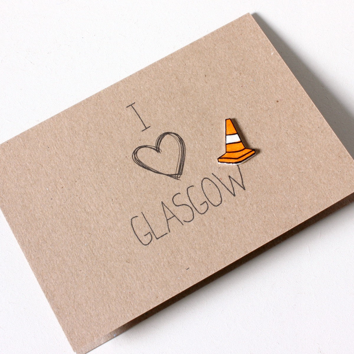 Glasgow. Scottish Card. Handmade Glasgow Card. Scotland Card. Hello Card. I Heart. Heart. Traffic Cone. Card for Scottish Friend. Card for