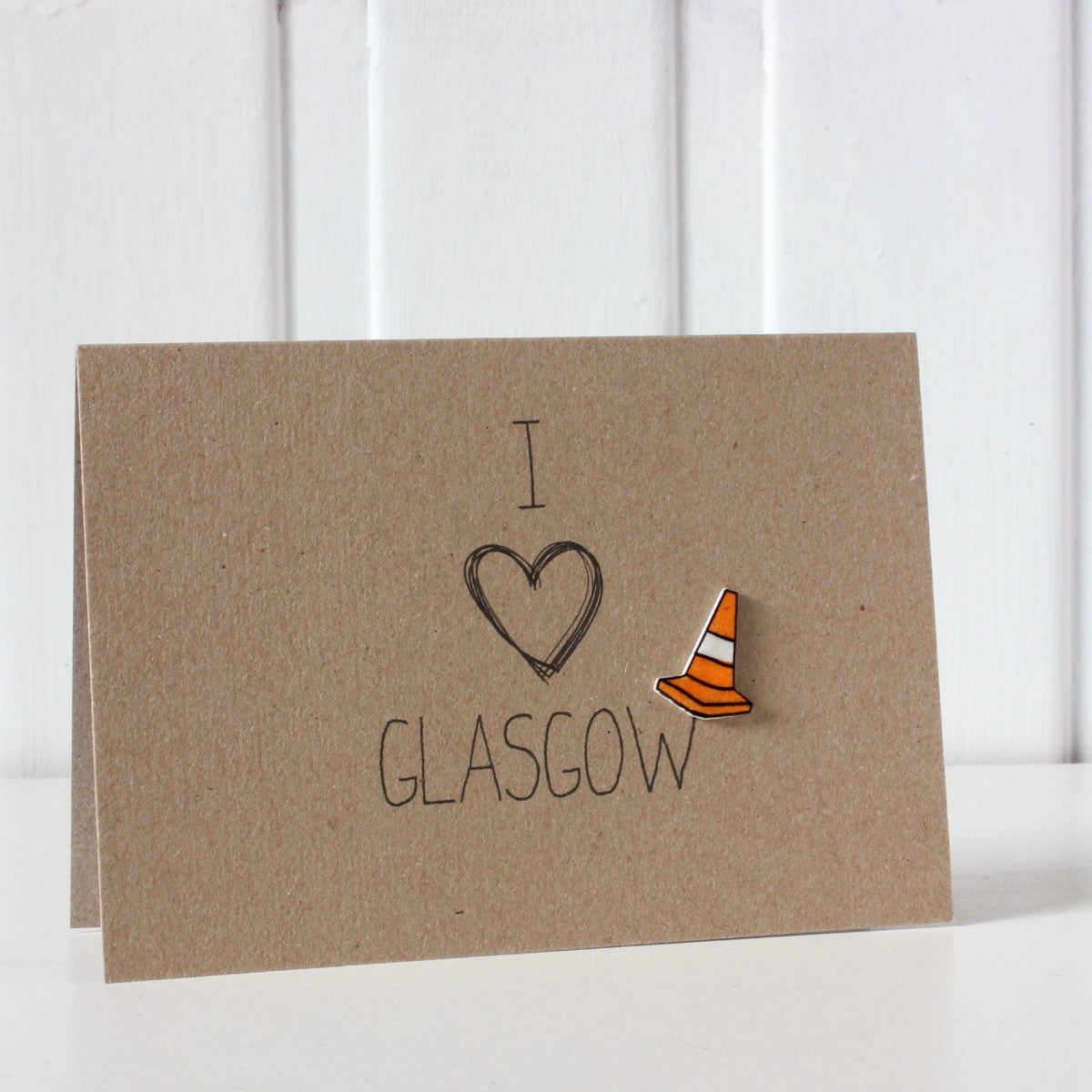 Glasgow. Scottish Card. Handmade Glasgow Card. Scotland Card. Hello Card. I Heart. Heart. Traffic Cone. Card for Scottish Friend. Card for