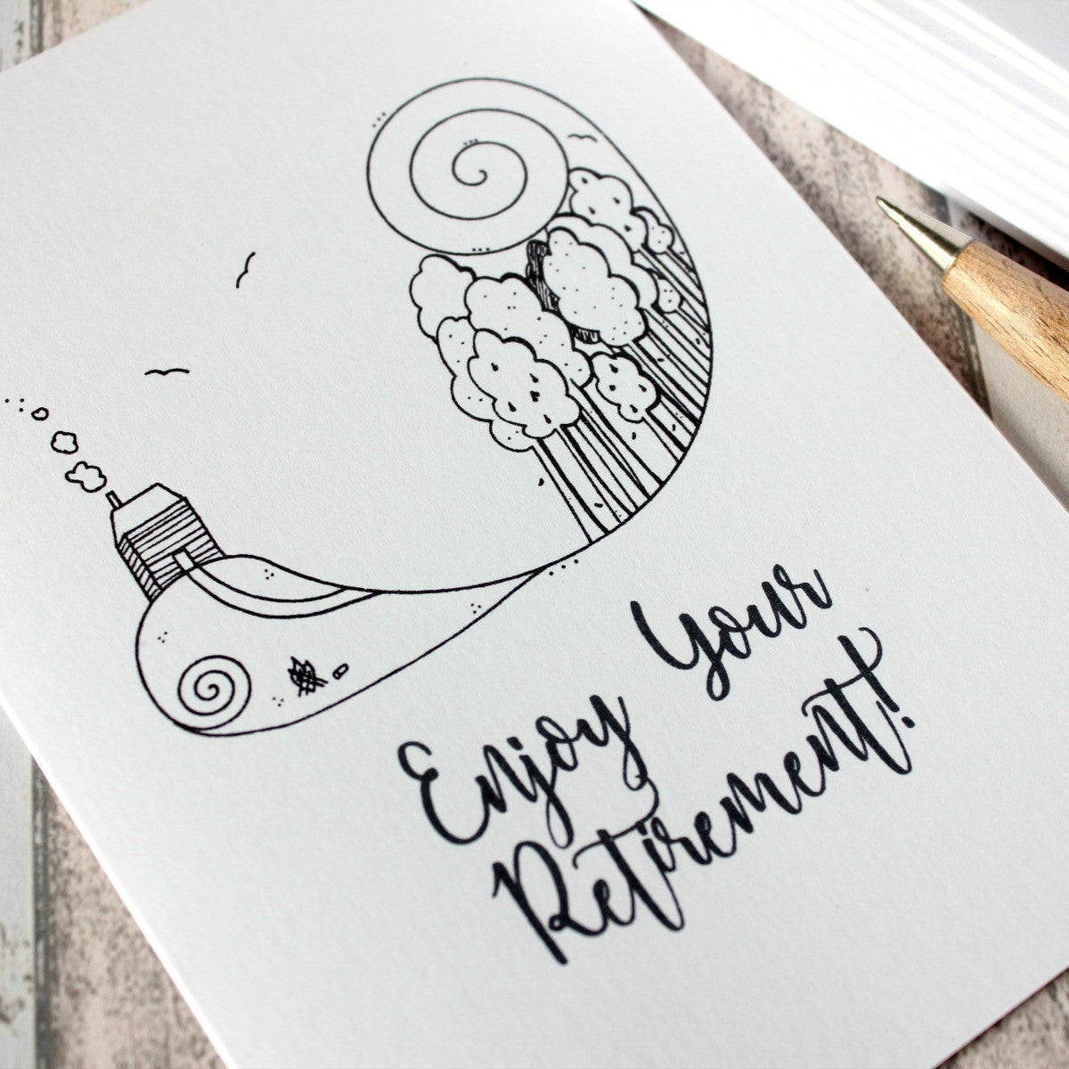 Retirement Card. Retirement Cards. Enjoy Your Retirement. Cabin in the Woods. Hand Drawn Illustration. Illustration. Black and White. B&W.