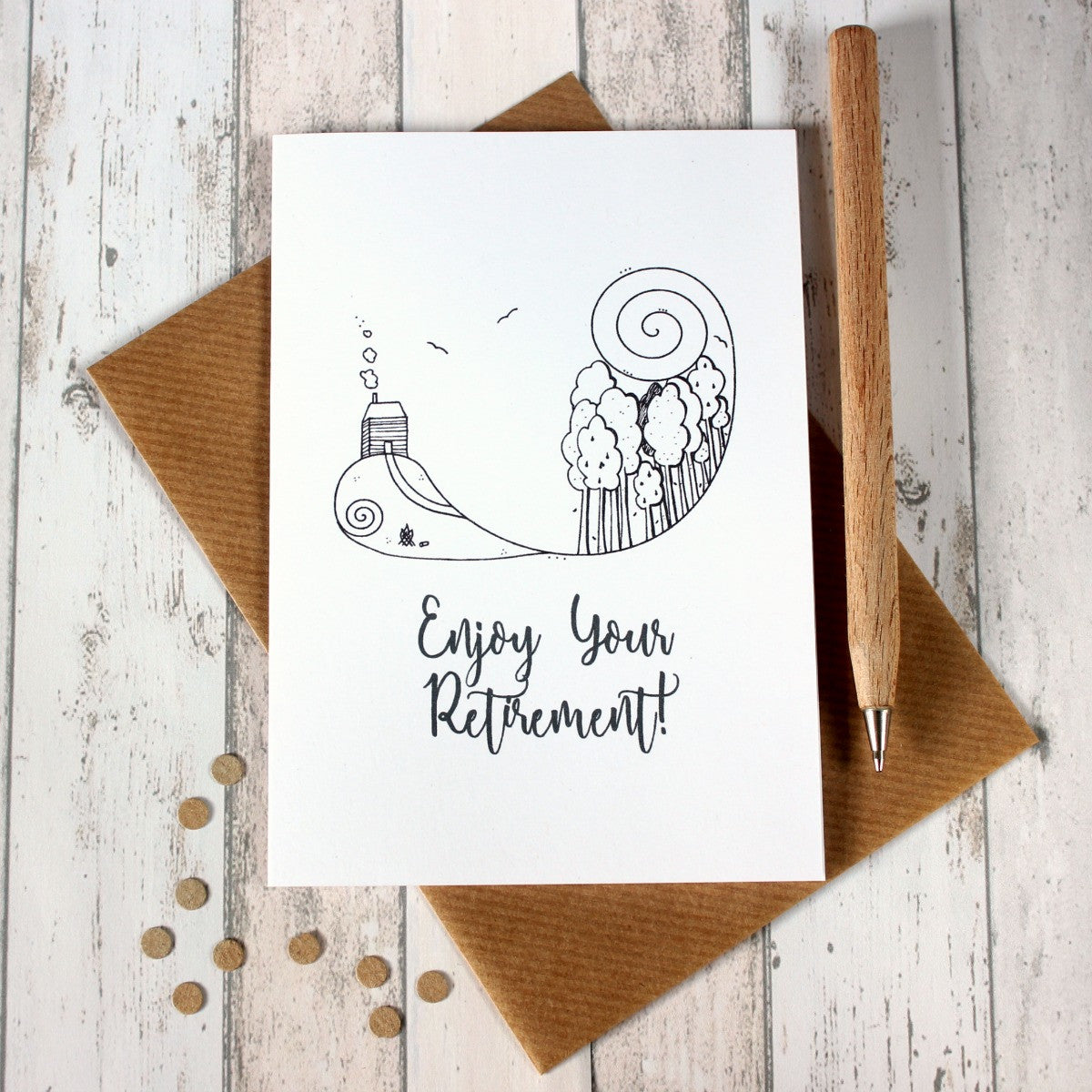 Retirement Card. Retirement Cards. Enjoy Your Retirement. Cabin in the Woods. Hand Drawn Illustration. Illustration. Black and White. B&W.