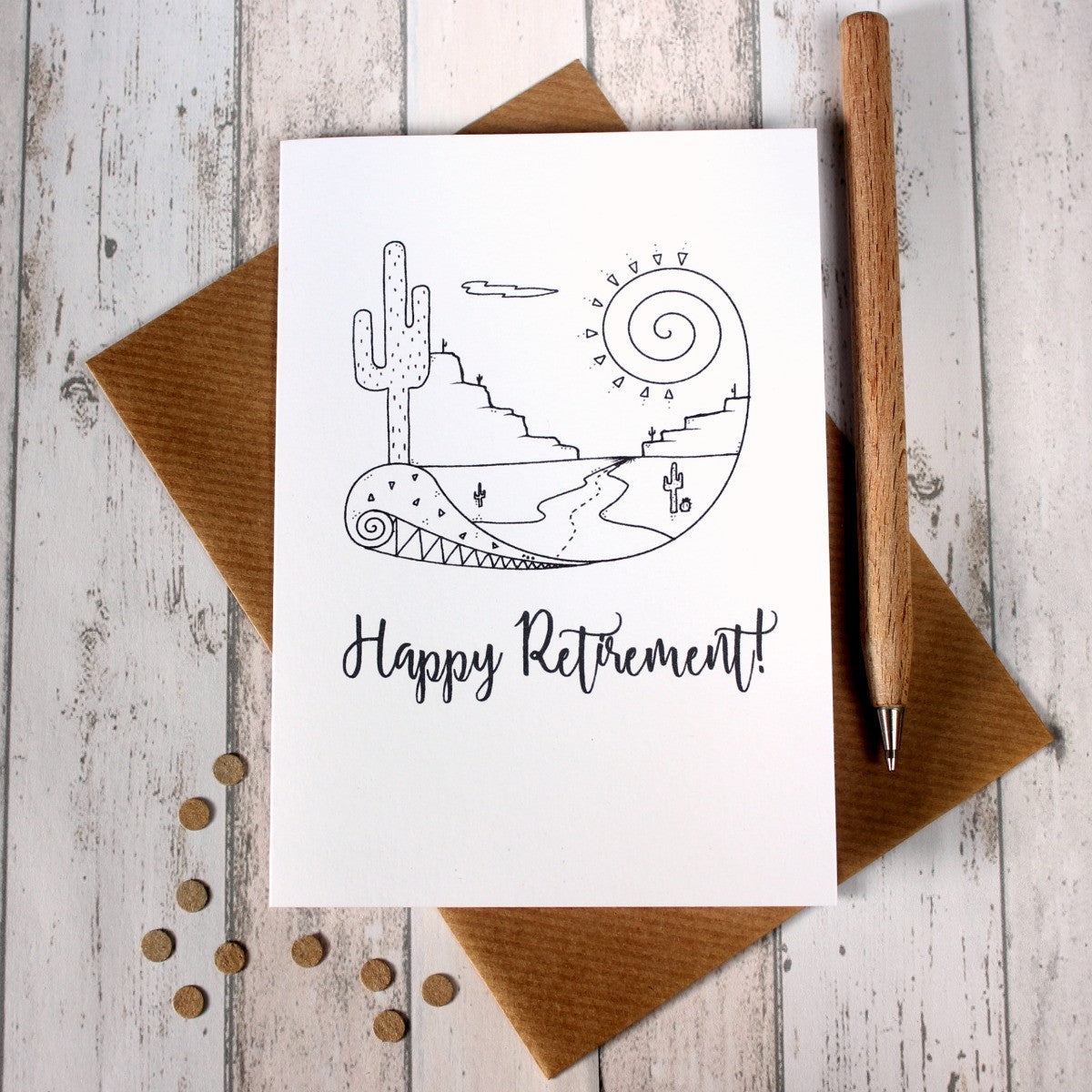 Retirement Card. Retirement Cards. Happy Retirement. Into the Sunset. Hand Drawn Illustration. Illustration. Black and White. B&W. Card