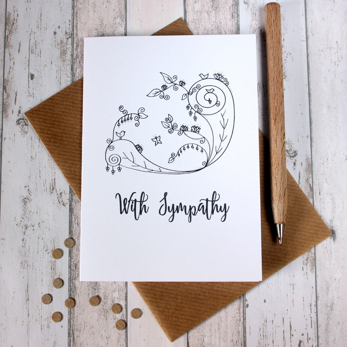 Sympathy Card. Sympathy Cards. With Sympathy. Floral Card. Hand Drawn Illustration. Illustration. Black and White. B&W. Illustrated Card