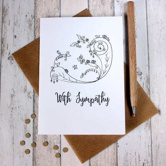 Sympathy Card. Sympathy Cards. With Sympathy. Floral Card. Hand Drawn Illustration. Illustration. Black and White. B&W. Illustrated Card