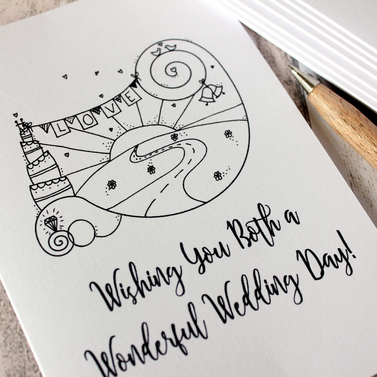 Wedding Day Card. Wedding Card. Wedding Day Cards. Wedding Cards. Wishing You Both a Wonderful Wedding Day. Hand Drawn Illustration. Cards.