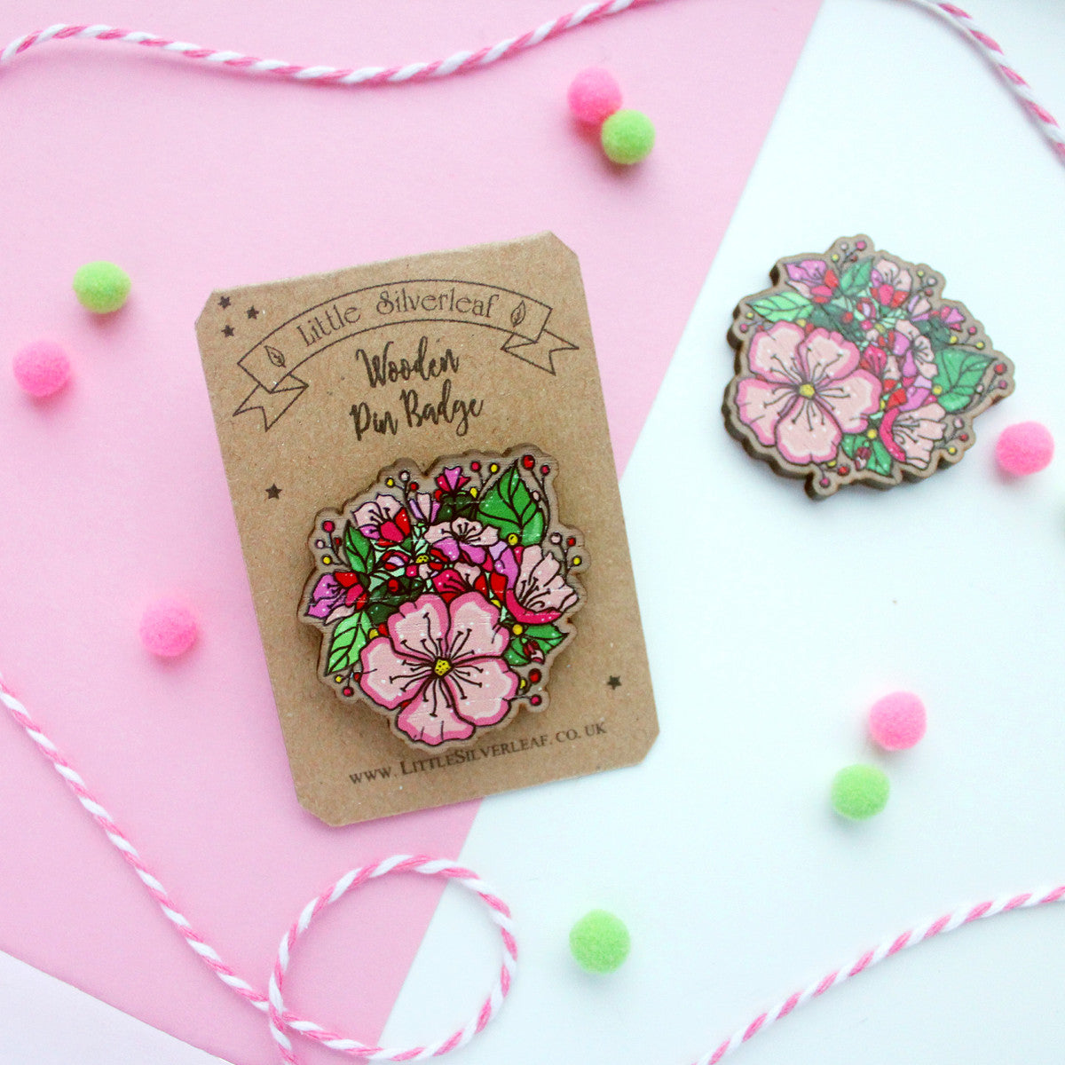 Pink Floral Bouquet Wooden Pin Badge