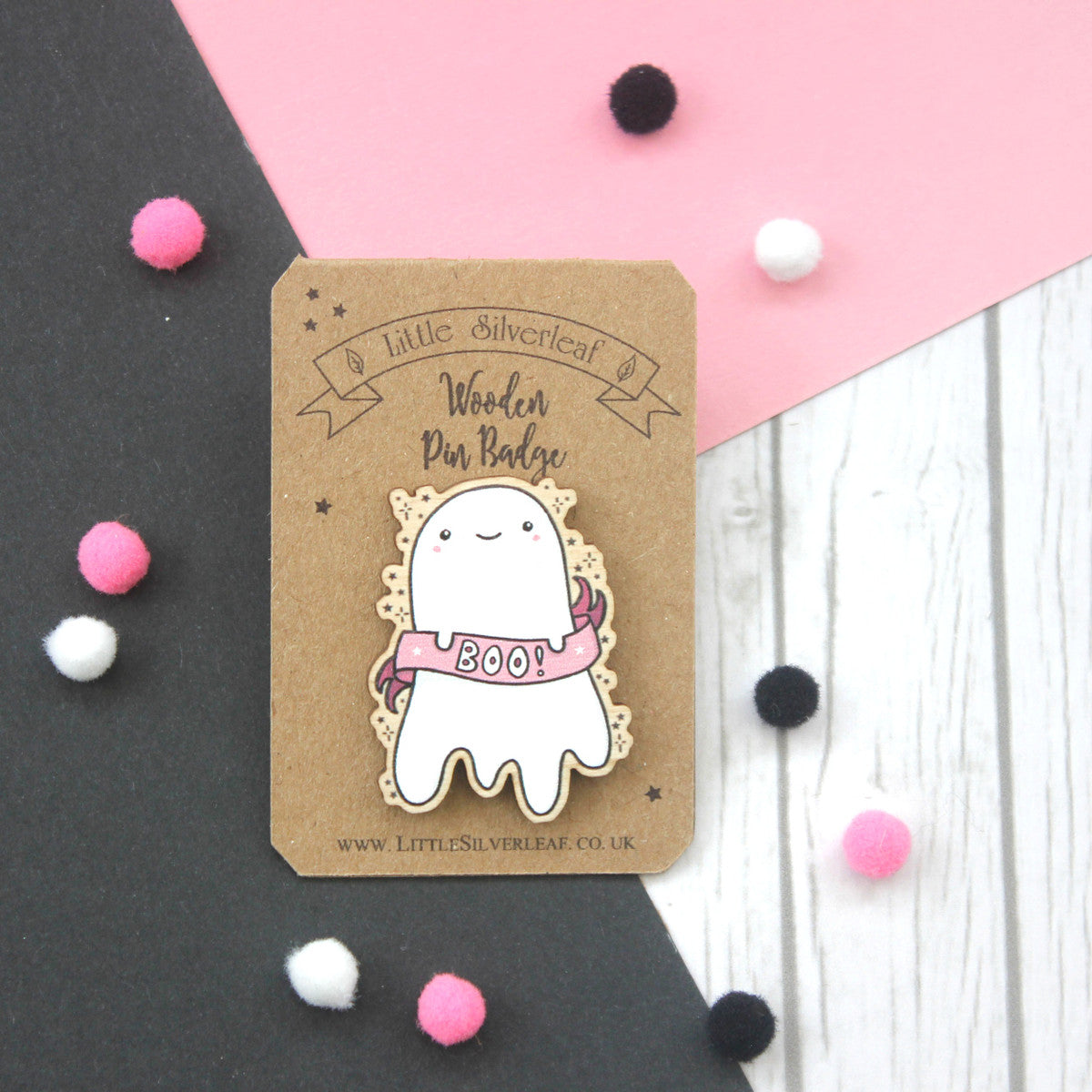 Kawaii wooden Ghost pin badge