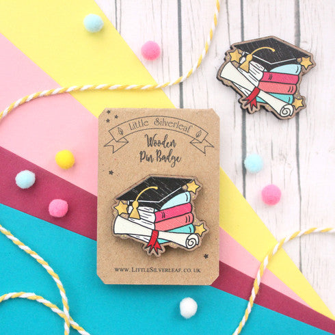 Graduation Wooden Pin Badge with Cute Mortar Board and Scroll