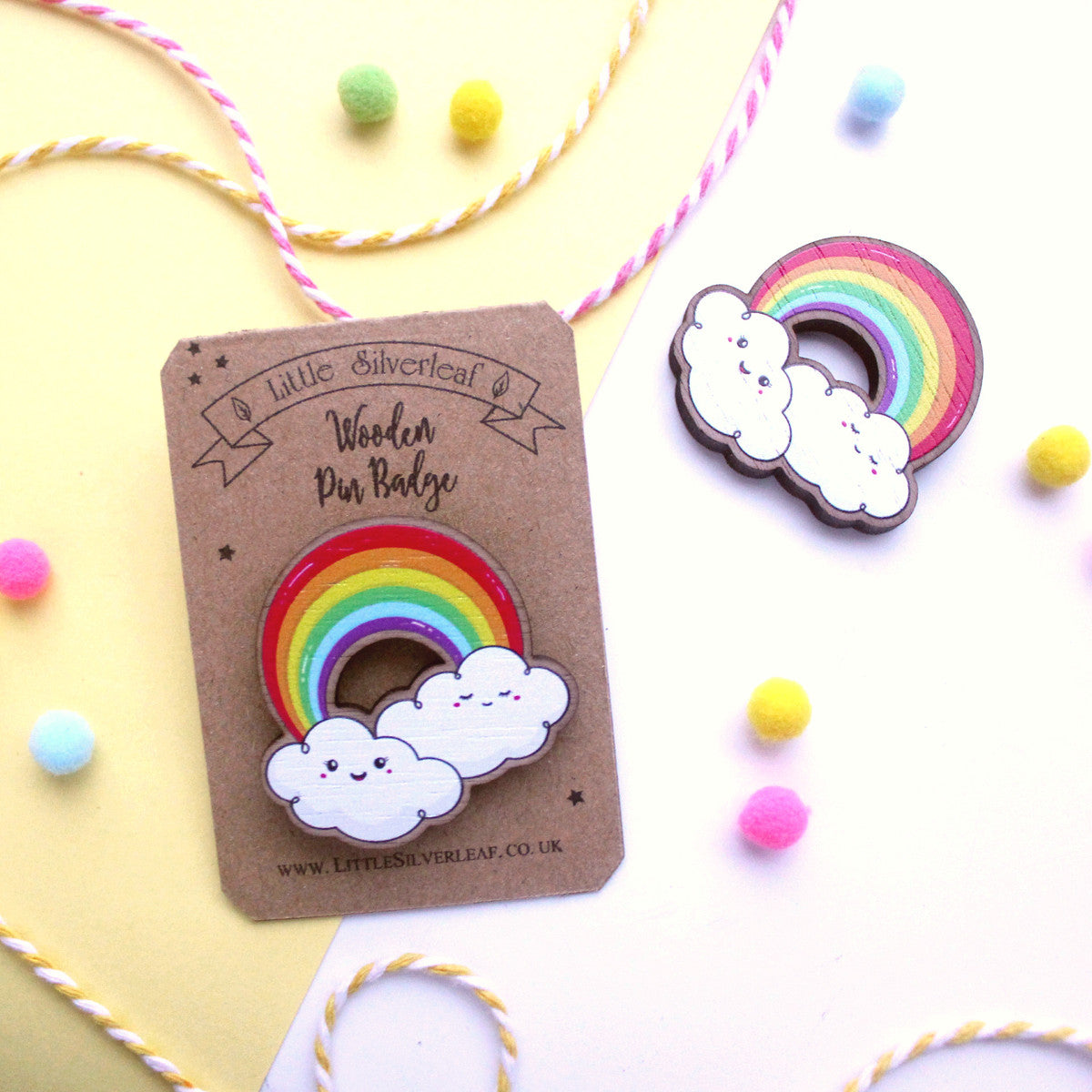 Rainbow Wooden Pin Badge with Cute Kawaii Clouds