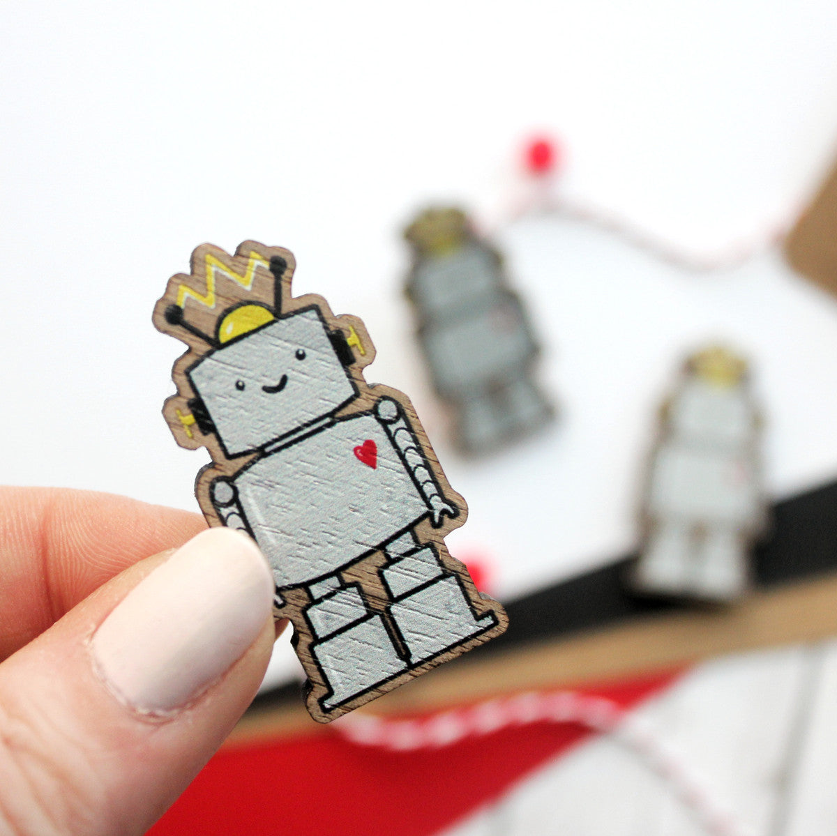 Cute Robot Wooden Pin Badge