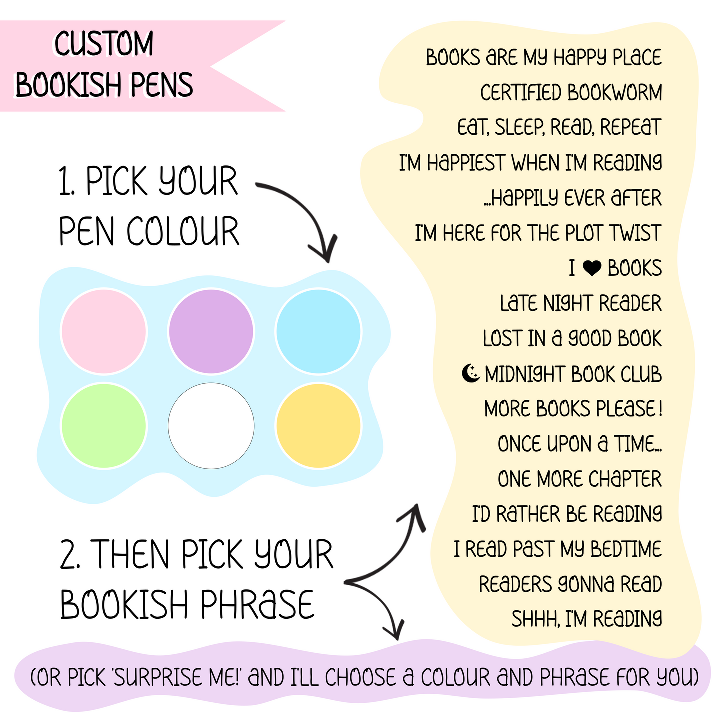 A digital graphic explaining how to order custom bookish pens, featuring a colour swatch with pink, purple, blue, green, white, and yellow circles. Instructions on the left side read 'PICK YOUR PEN COLOUR' and then 'PICK YOUR BOOKISH PHRASE'